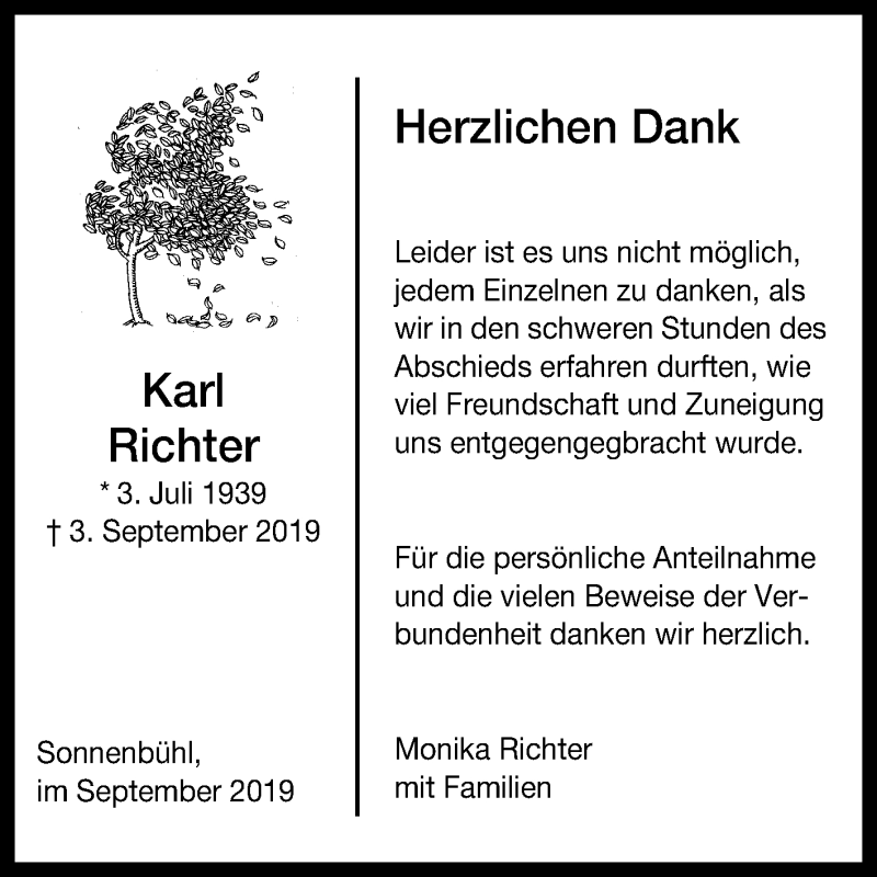  Traueranzeige für Karl Richter vom 21.09.2019 aus Reutlinger General-Anzeiger