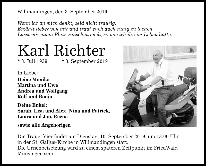  Traueranzeige für Karl Richter vom 06.09.2019 aus Reutlinger General-Anzeiger