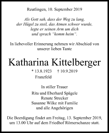 Anzeige von Katharina Kittelberger von Reutlinger General-Anzeiger