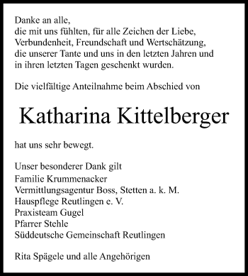 Anzeige von Katharina Kittelberger von Reutlinger General-Anzeiger