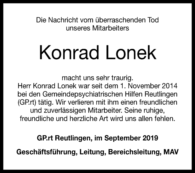  Traueranzeige für Konrad Lonek vom 14.09.2019 aus Reutlinger General-Anzeiger