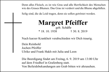 Anzeige von Margret Pfeiffer von Reutlinger General-Anzeiger