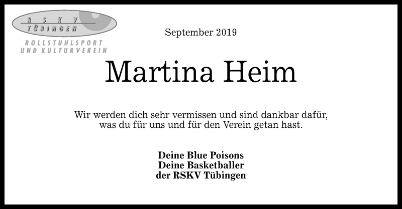  Traueranzeige für Martina Heim vom 25.09.2019 aus Reutlinger General-Anzeiger