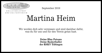 Anzeige von Martina Heim von Reutlinger General-Anzeiger