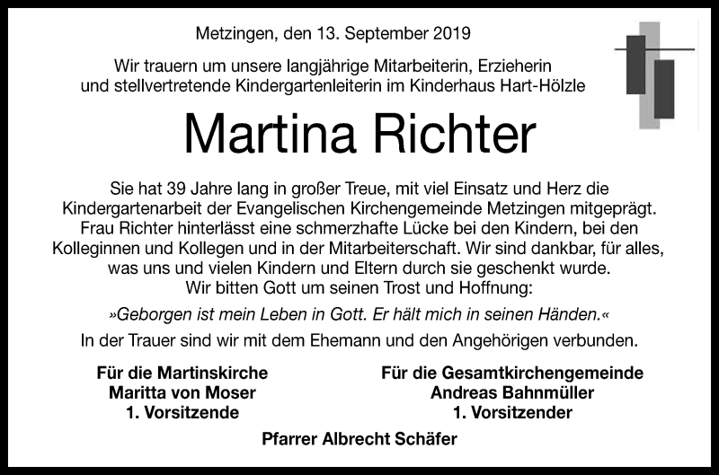  Traueranzeige für Martina Richter vom 13.09.2019 aus Reutlinger General-Anzeiger
