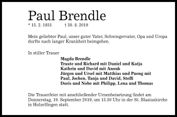 Anzeige von Paul Brendle von Reutlinger General-Anzeiger