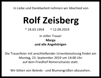 Anzeige von Rolf Zeisberg von Reutlinger General-Anzeiger
