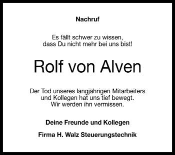 Anzeige von Rolf von Alven von Reutlinger General-Anzeiger