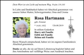 Anzeige von Rosa Hartmann von Reutlinger General-Anzeiger