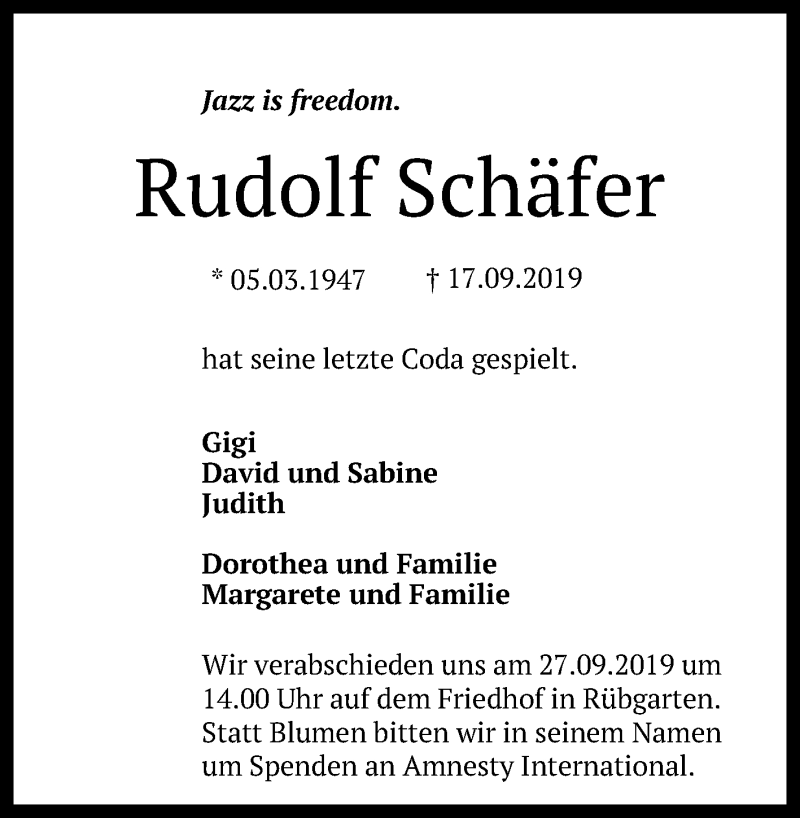  Traueranzeige für Rudolf Schäfer vom 24.09.2019 aus Reutlinger General-Anzeiger