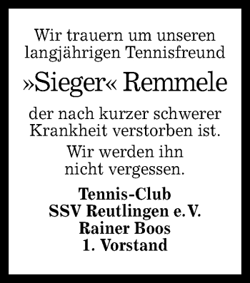 Anzeige von Sieger Remmele von Reutlinger General-Anzeiger