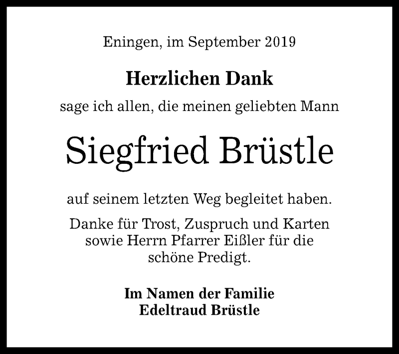  Traueranzeige für Siegfried Brüstle vom 28.09.2019 aus Reutlinger General-Anzeiger