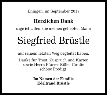 Anzeige von Siegfried Brüstle von Reutlinger General-Anzeiger