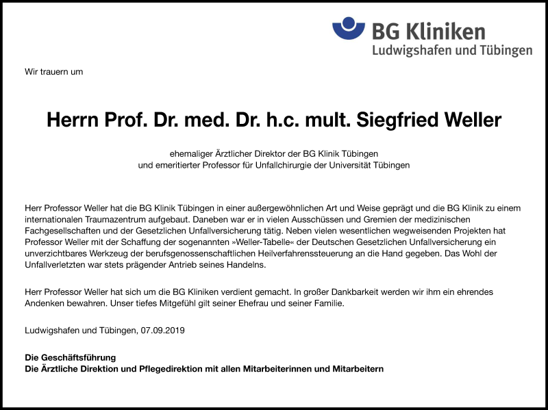  Traueranzeige für Siegfried Weller vom 07.09.2019 aus Reutlinger General-Anzeiger