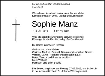 Anzeige von Sophie Manz von Reutlinger General-Anzeiger