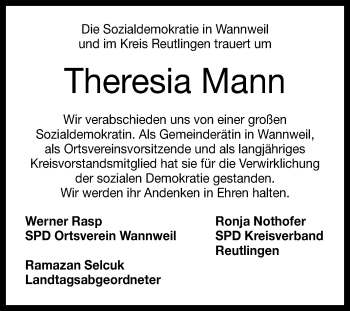 Anzeige von Theresia Mann von Reutlinger General-Anzeiger