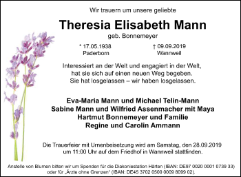 Anzeige von Theresia Elisabeth Mann von Reutlinger General-Anzeiger