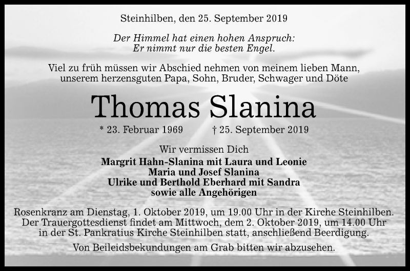  Traueranzeige für Thomas Slanina vom 28.09.2019 aus Reutlinger General-Anzeiger