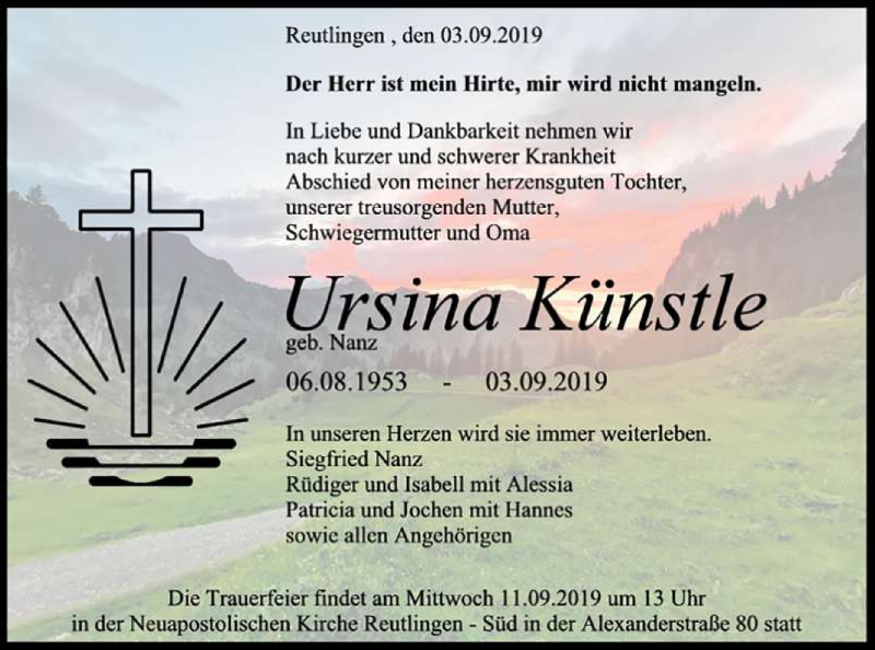  Traueranzeige für Ursina Künstle vom 07.09.2019 aus Reutlinger General-Anzeiger