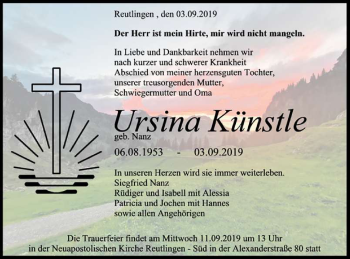 Anzeige von Ursina Künstle von Reutlinger General-Anzeiger