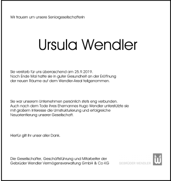 Anzeige von Ursula Wendler von Reutlinger General-Anzeiger
