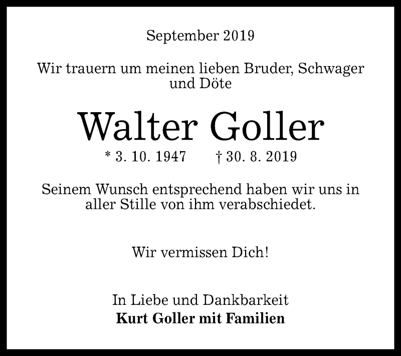  Traueranzeige für Walter Goller vom 25.09.2019 aus Reutlinger General-Anzeiger