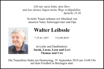 Anzeige von Walter Leibssle von Reutlinger General-Anzeiger