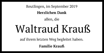 Anzeige von Waltraud Krauß von Reutlinger General-Anzeiger