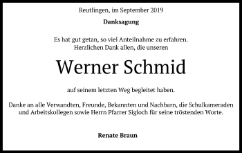 Anzeige von Werner Schmid von Reutlinger General-Anzeiger