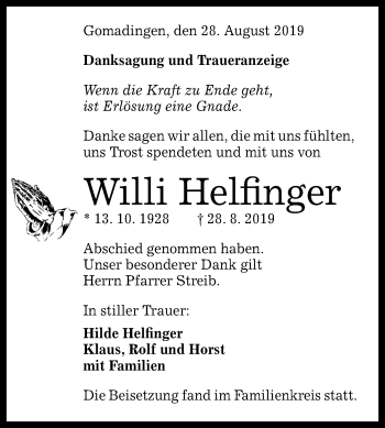 Anzeige von Willi Helfinger von Reutlinger General-Anzeiger