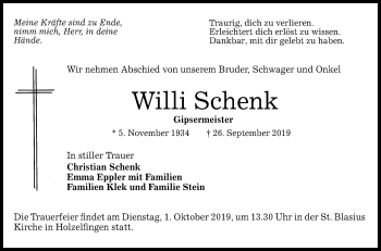 Anzeige von Willi Schenk von Reutlinger General-Anzeiger