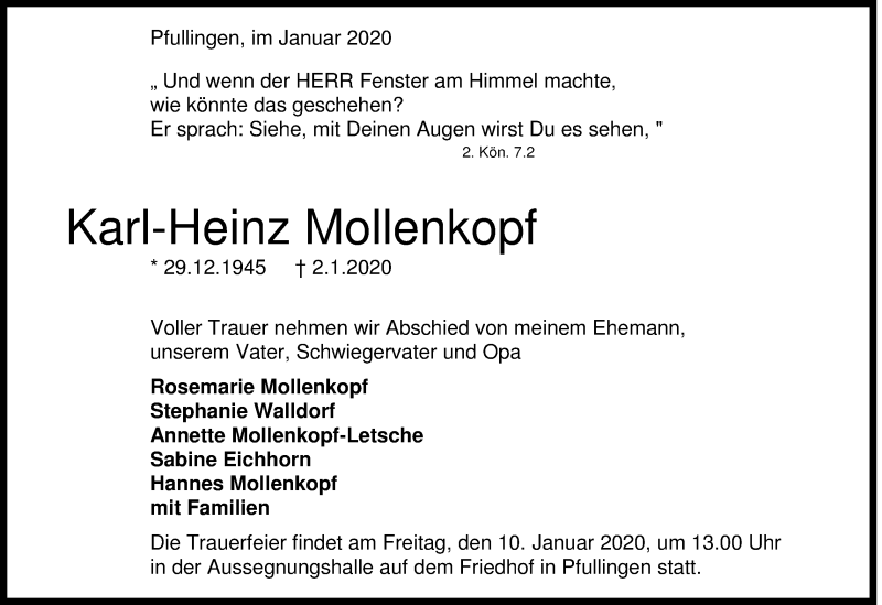  Traueranzeige für Karl-Heinz Mollenkopf vom 07.01.2020 aus 