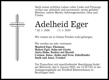 Anzeige von Adelheid Eger von Reutlinger General-Anzeiger