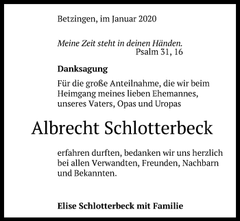 Anzeige von Albrecht Schlotterbeck von Reutlinger General-Anzeiger