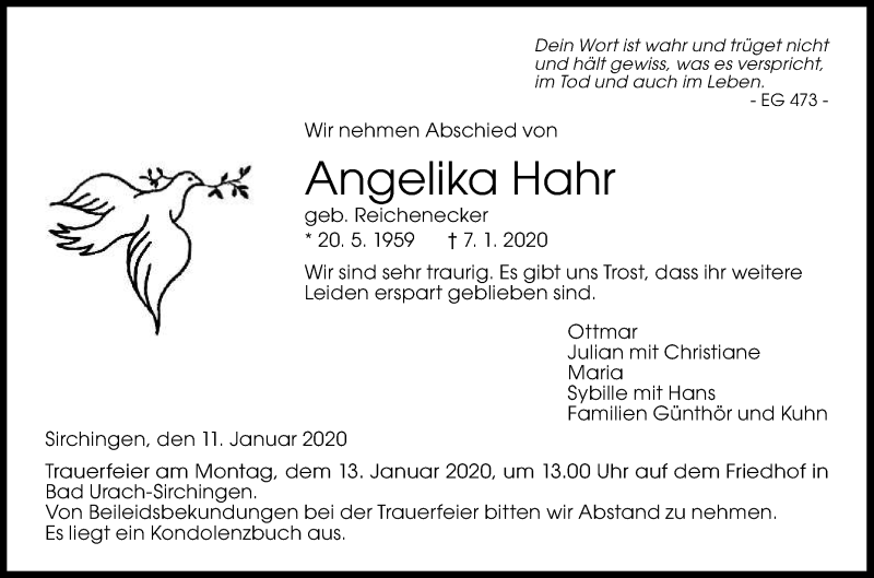  Traueranzeige für Angelika Hahr vom 11.01.2020 aus Reutlinger General-Anzeiger