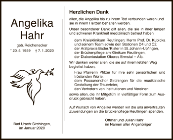 Anzeige von Angelika Hahr von Reutlinger General-Anzeiger