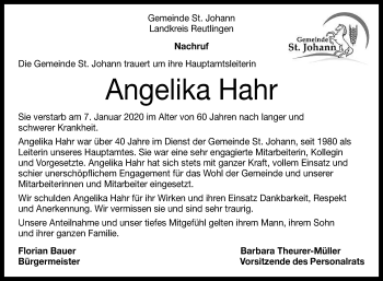 Anzeige von Angelika Hahr von Reutlinger General-Anzeiger