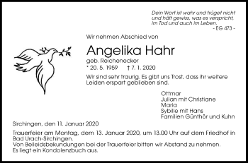 Anzeige von Angelika Hahr von Reutlinger General-Anzeiger