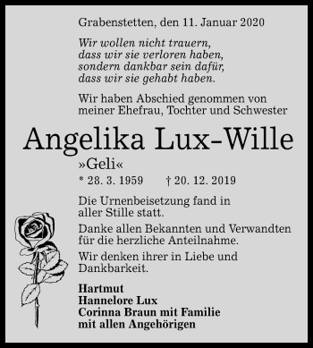 Anzeige von Angelika Lux-Wille von Reutlinger General-Anzeiger