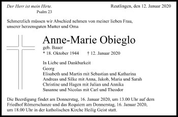 Anzeige von Anne-Marie Obieglo von Reutlinger General-Anzeiger
