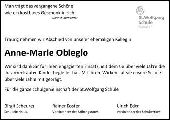 Anzeige von Anne-Marie Obieglo von Reutlinger General-Anzeiger