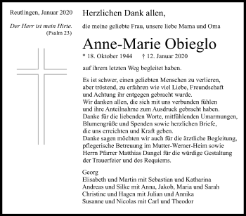 Anzeige von Anne-Marie Obieglo von Reutlinger General-Anzeiger
