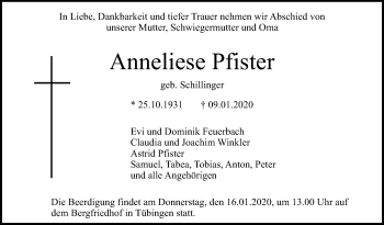 Anzeige von Anneliese Pfister von Reutlinger General-Anzeiger