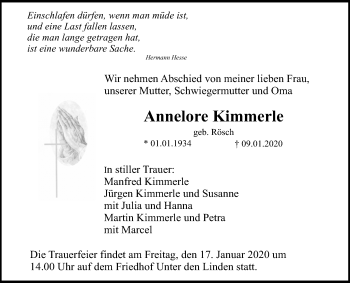 Anzeige von Annelore Kimmerle von Reutlinger General-Anzeiger