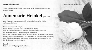 Anzeige von Annemarie Heinkel von Reutlinger General-Anzeiger