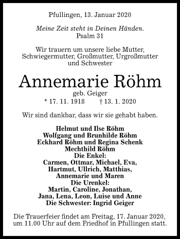 Anzeige von Annemarie Röhm von Reutlinger General-Anzeiger
