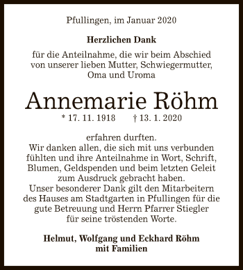 Anzeige von Annemarie Röhm von Reutlinger General-Anzeiger