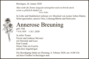Anzeige von Annerose Breuning von Reutlinger General-Anzeiger