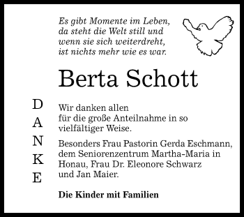 Anzeige von Berta Schott von Reutlinger General-Anzeiger