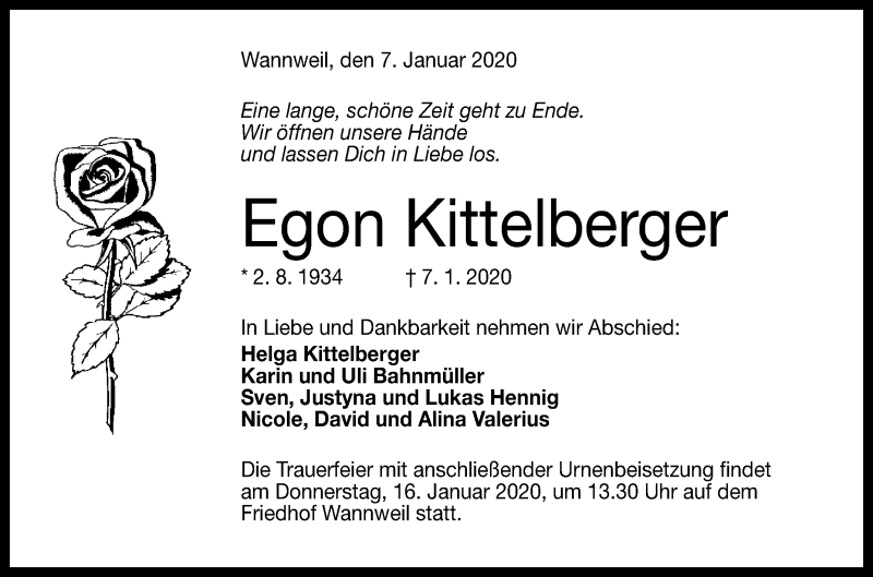  Traueranzeige für Egon Kittelberger vom 11.01.2020 aus Reutlinger General-Anzeiger
